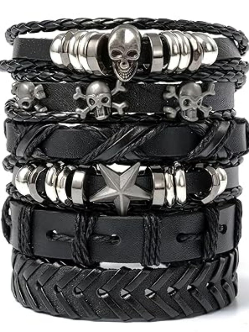 NEW 6 Pcs Leather Skulls Bracelet Stackable Set Adjustable‎ Punk Rock Gothic